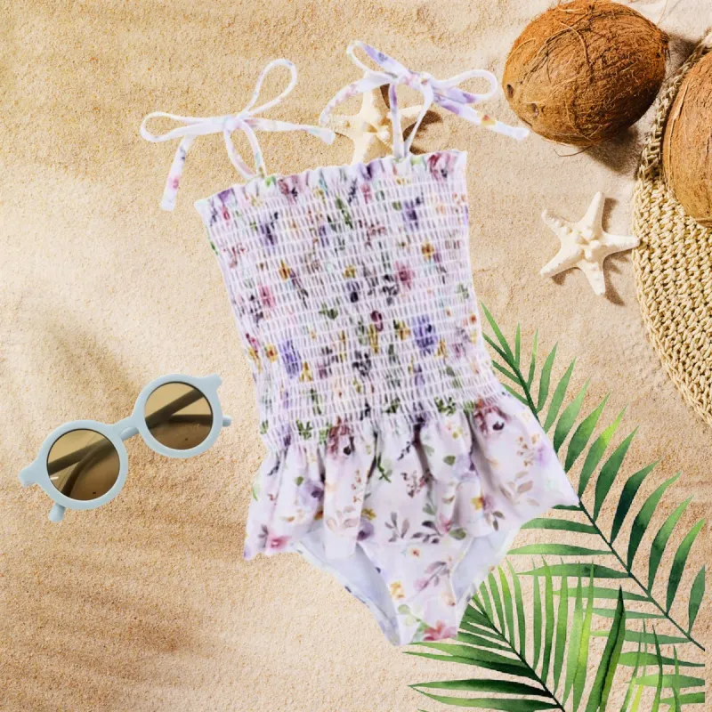 Girls Swimsuits - Tan Colorful Floral - 1 Pc Accordion sold by Roxie’s Picks