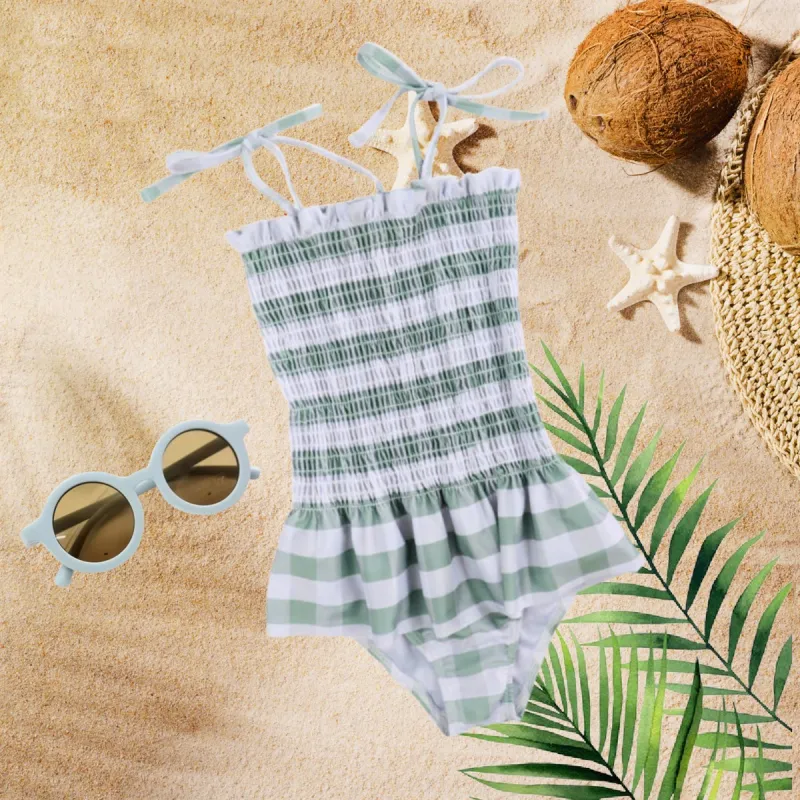 Girls Swimsuits - Green Checkered Stripe - 1 Pc Accordion sold by Roxie’s Picks