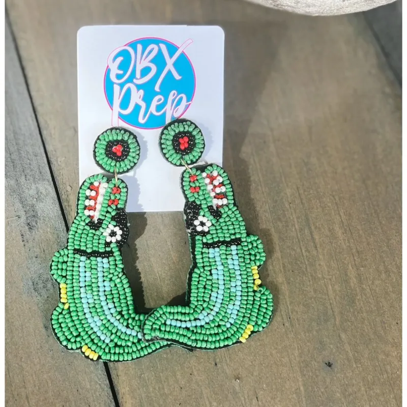 Gators Crocodile Seed Beaded Drop Earrings made by Roxie’s Picks