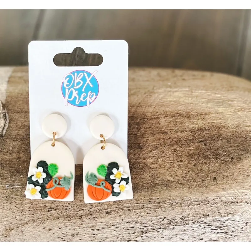 Pumpkin Flower Accented Polymer Clay Dangle Earrings made by Roxie’s Picks