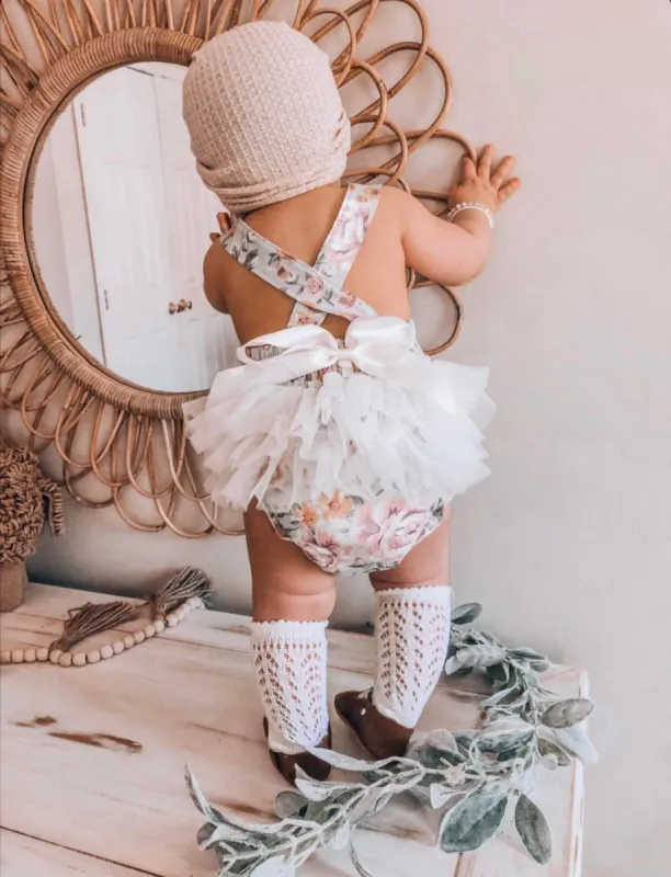 Kryssi Kouture Exclusive Harper Girls Green Vintage Floral Chiffon Ruffle Bum Romper sold by Roxie’s Picks