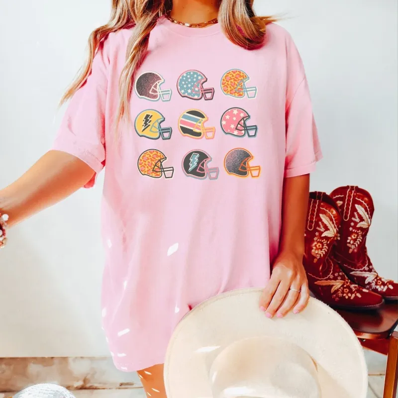 Colorful Football Helmets Comfort Color Tee made by Roxie’s Picks