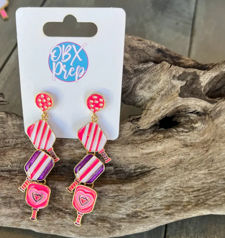 Jenny Pickleball Paddle and Ball Triple Linked Enamel Dangle Earrings sold by Roxie’s Picks