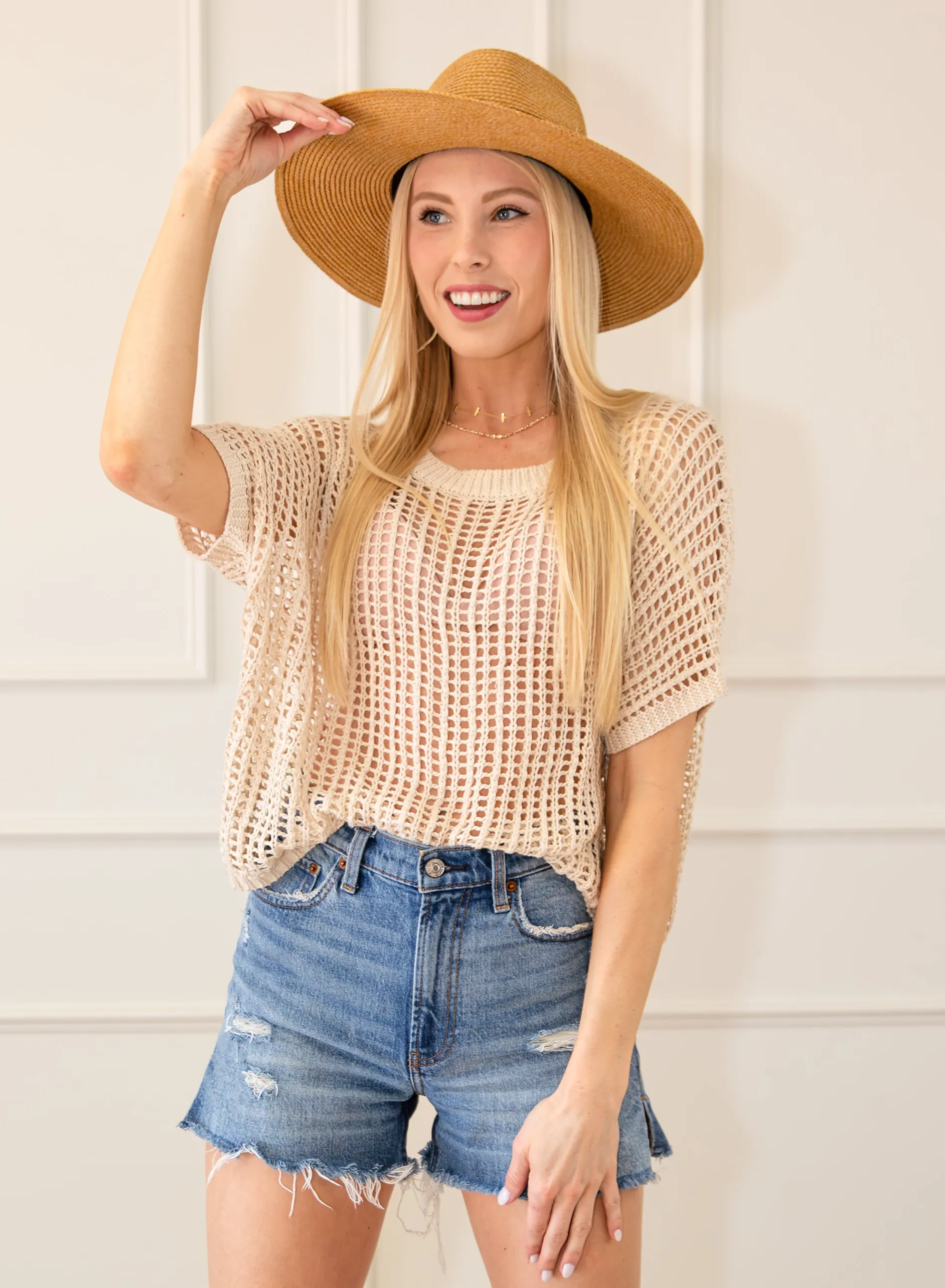 Fishnet Round Neck Short Sleeve Top sold by Roxie’s Picks