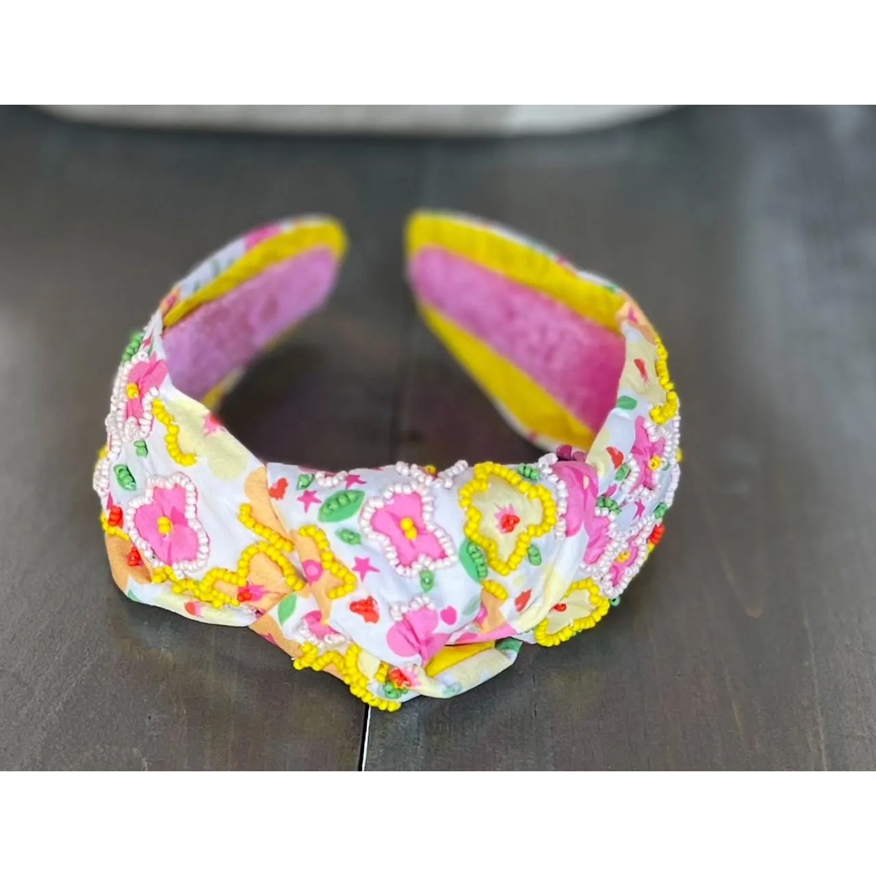 Yellow and Pink Poppies Seed Beaded Top Knot Headband sold by Roxie’s Picks product image thumbnail 3