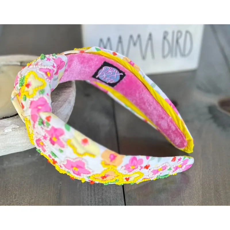 Yellow and Pink Poppies Seed Beaded Top Knot Headband sold by Roxie’s Picks