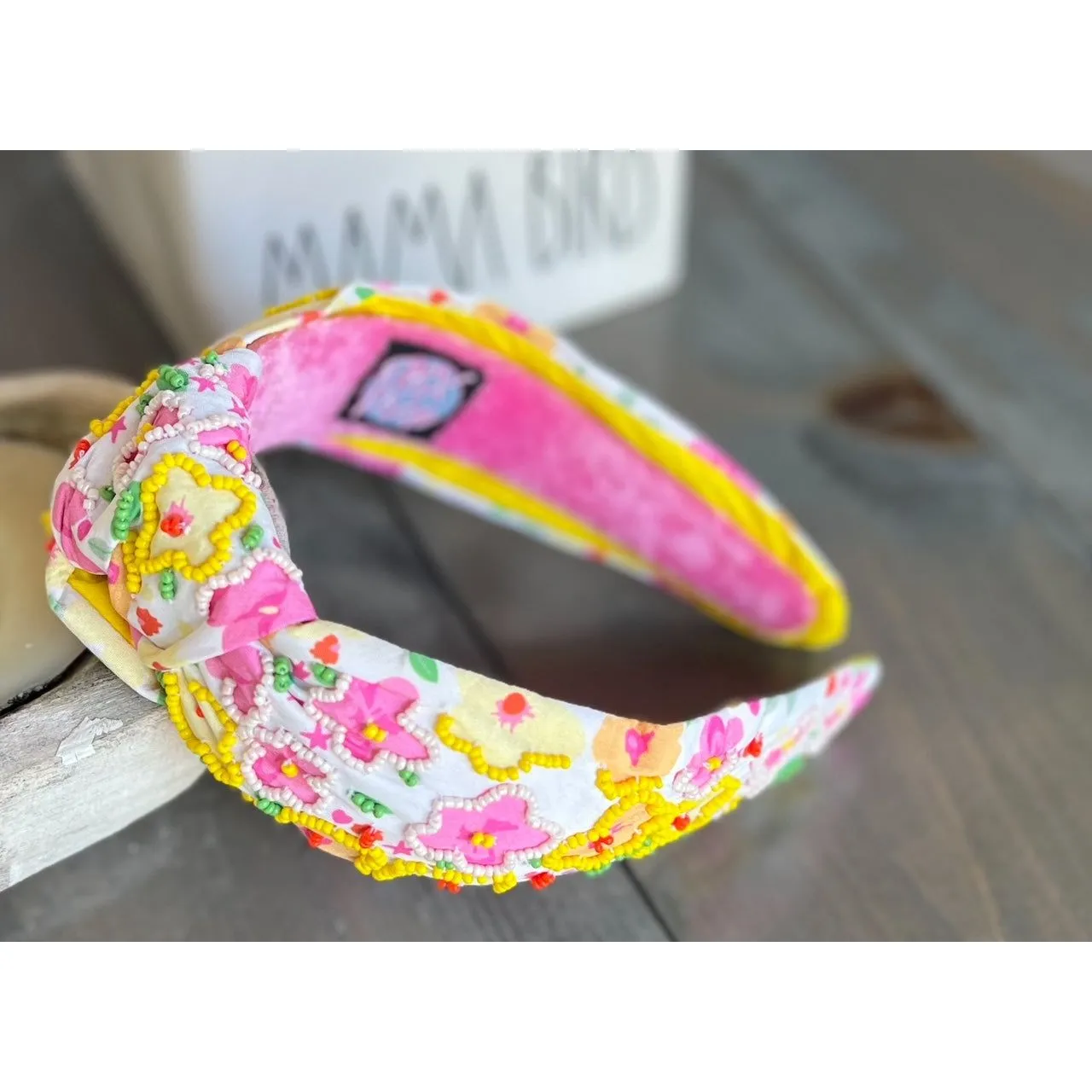 Yellow and Pink Poppies Seed Beaded Top Knot Headband sold by Roxie’s Picks product image thumbnail 2