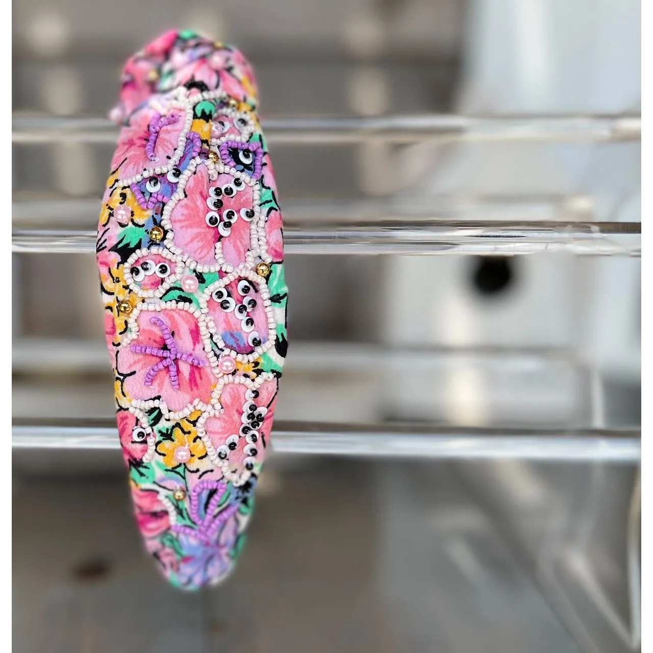 Purple and Pink Floral Seed Beaded Top Knot Handmade Headband sold by Roxie’s Picks product image thumbnail 3