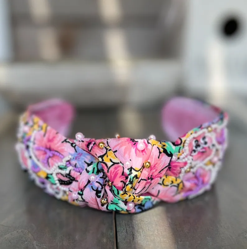 Purple and Pink Floral Seed Beaded Top Knot Handmade Headband sold by Roxie’s Picks