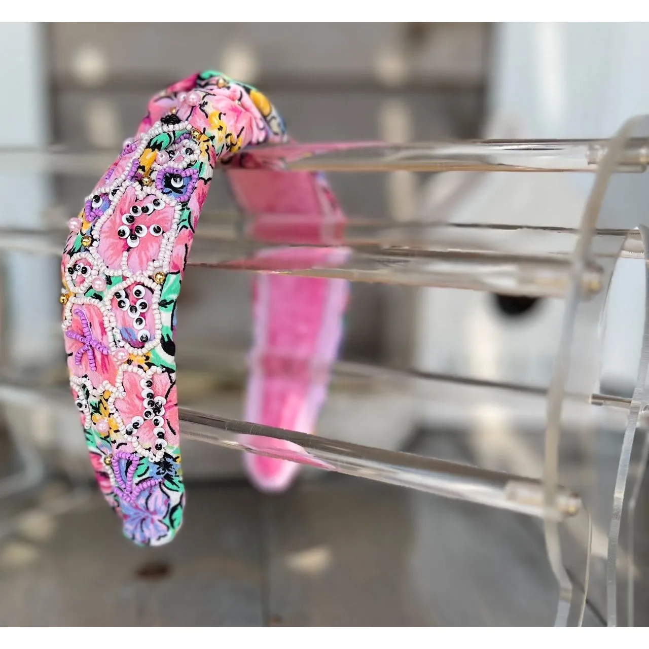 Purple and Pink Floral Seed Beaded Top Knot Handmade Headband sold by Roxie’s Picks product image thumbnail 2