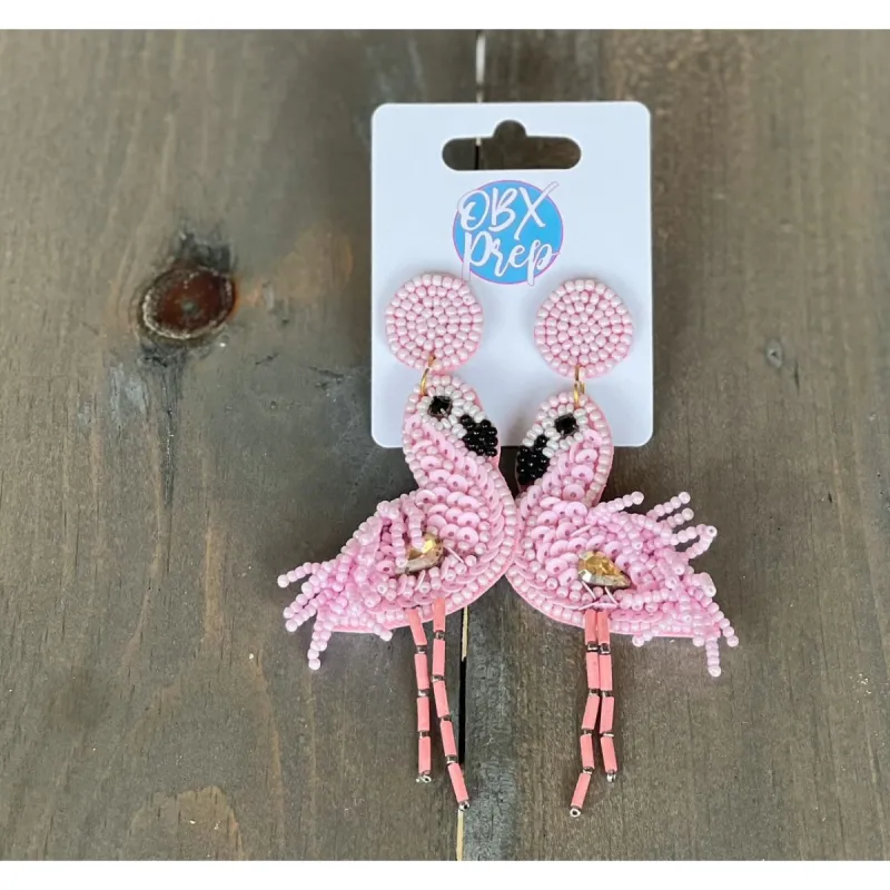 Flamingo Long Seed Bead Dangle Earrings sold by Roxie’s Picks