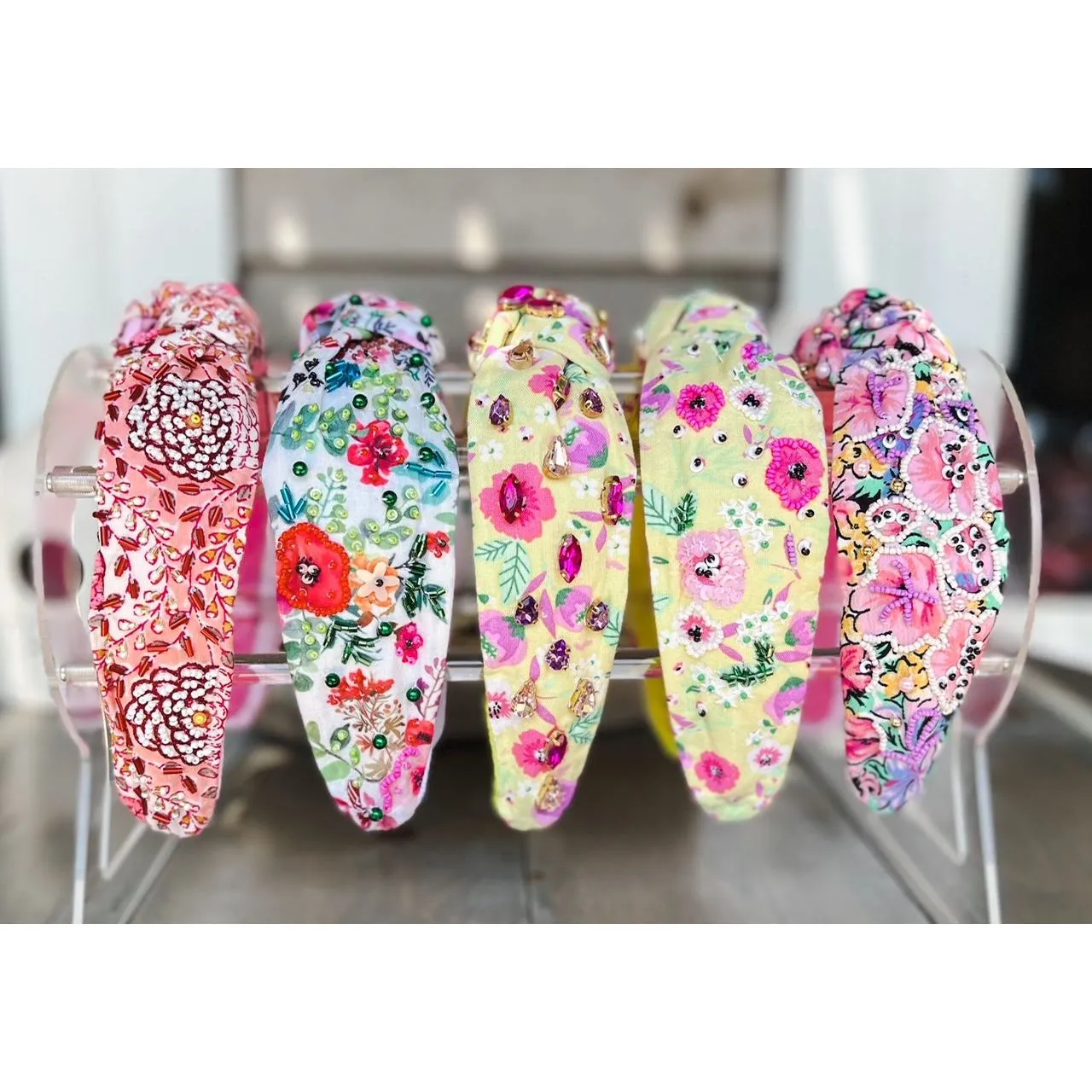 Manteo Yellow Pink and Purple Pansies Top Knot Seed Beaded Headband sold by Roxie’s Picks product image thumbnail 4