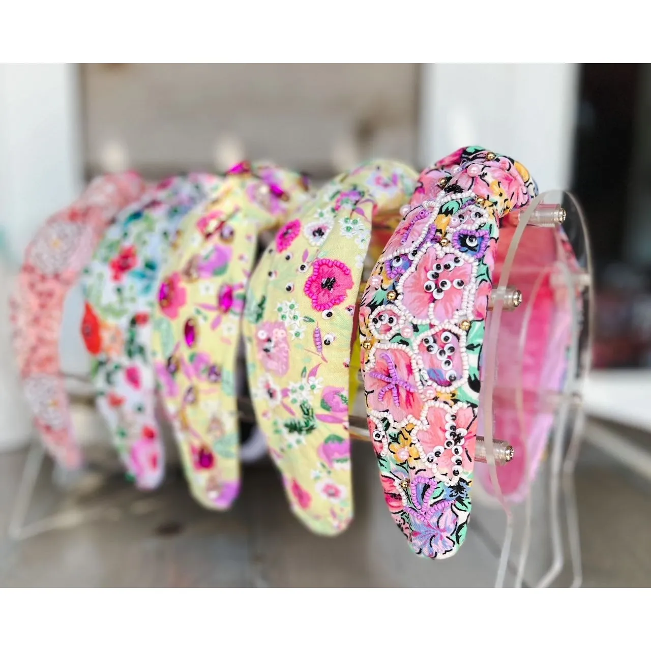 Manteo Yellow Pink and Purple Pansies Top Knot Seed Beaded Headband sold by Roxie’s Picks product image thumbnail 5