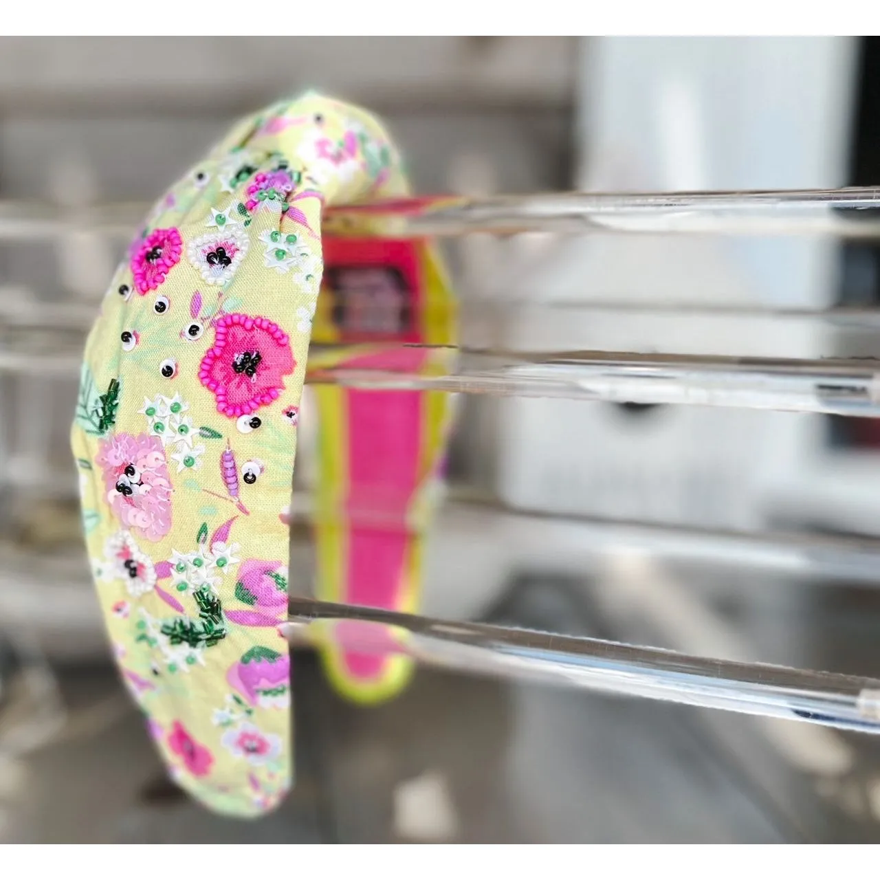 Manteo Yellow Pink and Purple Pansies Top Knot Seed Beaded Headband sold by Roxie’s Picks product image thumbnail 2