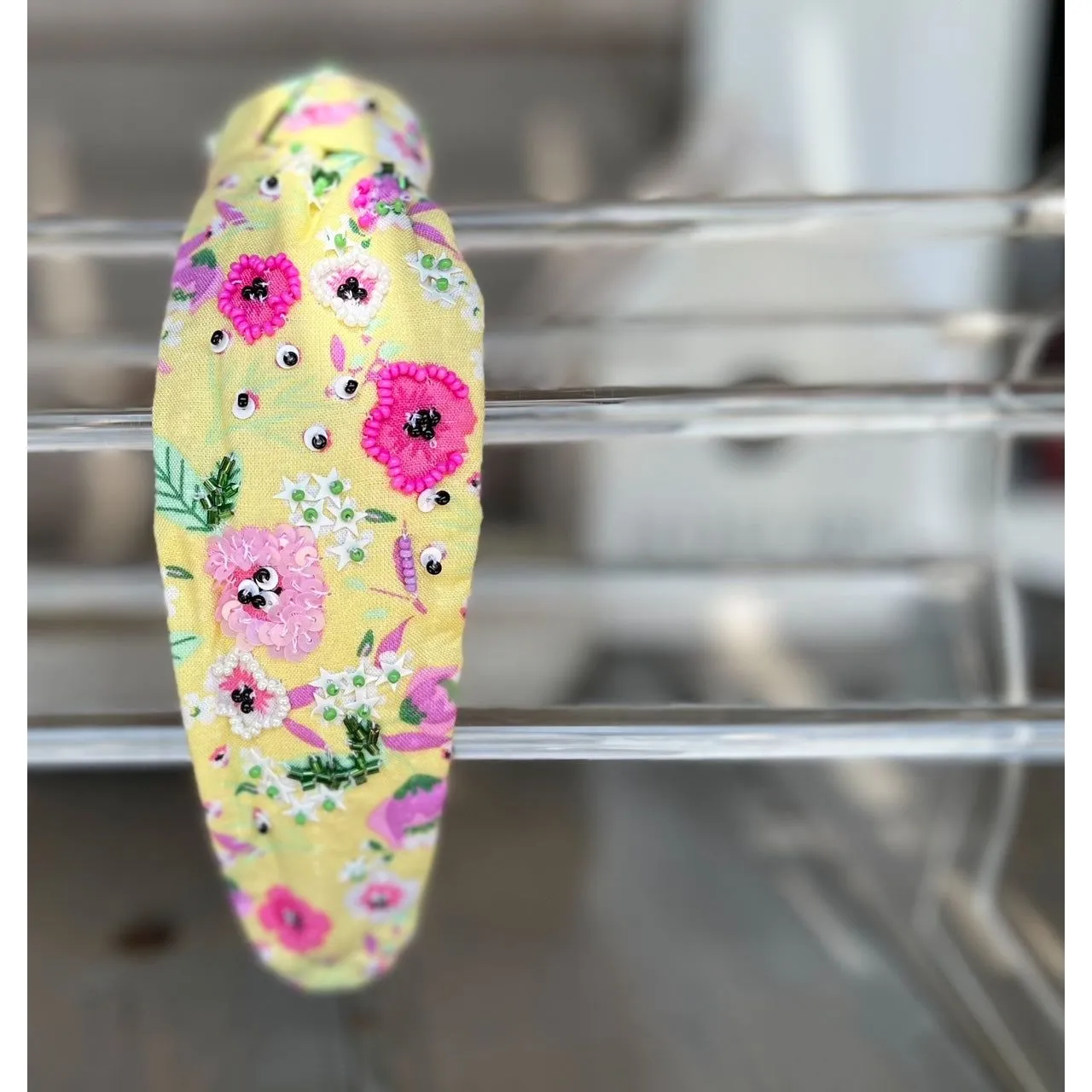 Manteo Yellow Pink and Purple Pansies Top Knot Seed Beaded Headband sold by Roxie’s Picks product image thumbnail 3