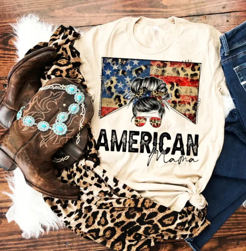 American Mama Leopard Print Flag T-Shirt or Crew Sweatshirt sold by Roxie’s Picks