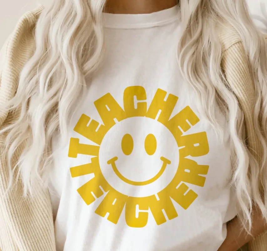 Teacher Around Smiley Face T-Shirt or Crew Sweatshirt sold by Roxie’s Picks