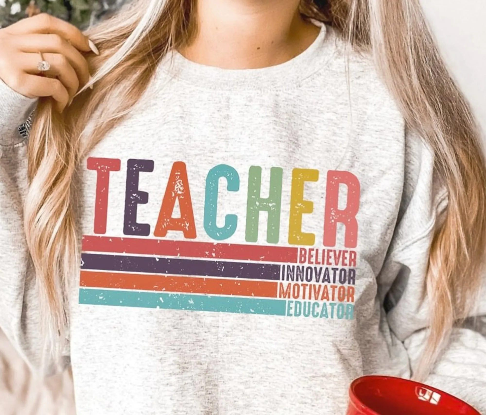 Teacher: Believer, Innovator, Motivator, Educator T-Shirt or Crew Sweatshirt sold by Roxie’s Picks