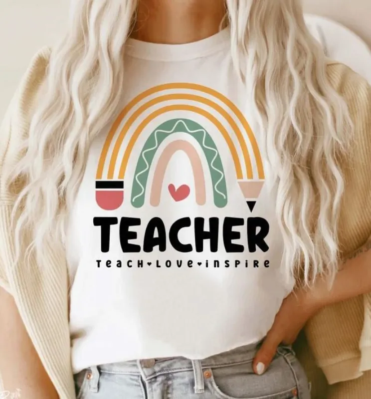 Teacher Teach Love Inspire Pencil Rainbow T-Shirt or Crew Sweatshirt sold by Roxie’s Picks