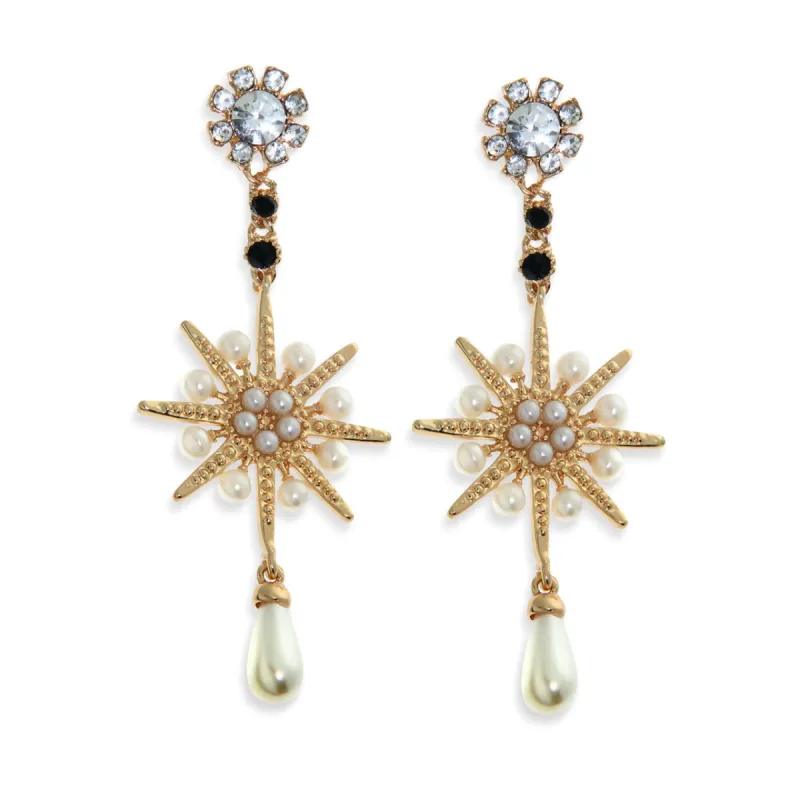Pearl and Crystal Starburst Dangle Earrings sold by Roxie’s Picks