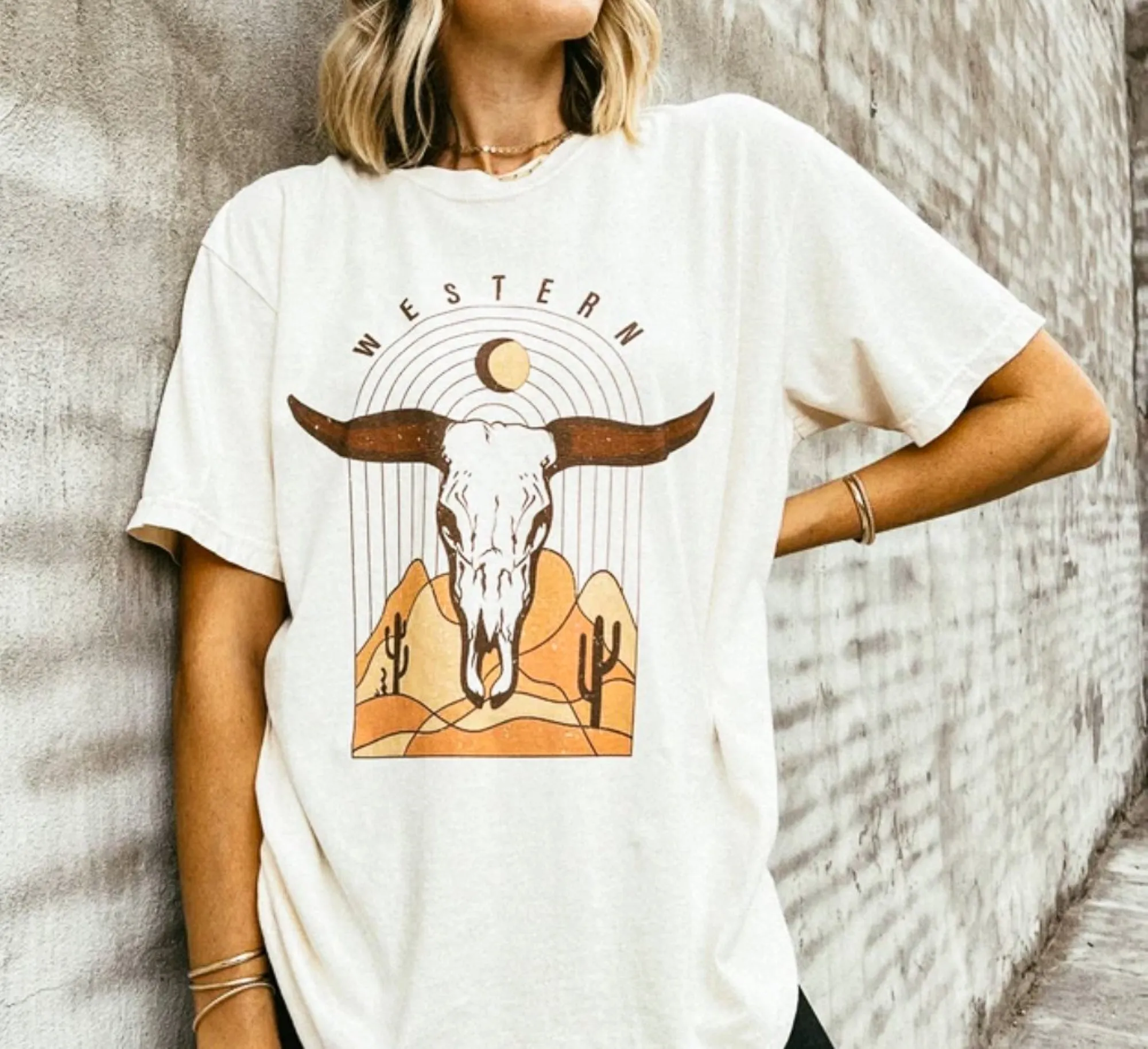 Western Longhorn Skull Desert Scape T-Shirt or Crew Sweatshirt sold by Roxie’s Picks