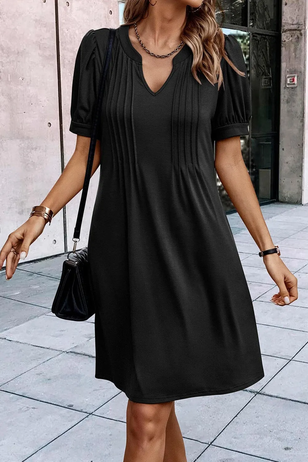 Kaitlyn Notched Neck Pleated Puff Sleeve Shift T-shirt Dress sold by Roxie’s Picks product image thumbnail 3