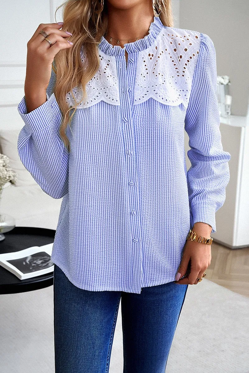 Stylish Lace Trim Button-Up Blouse sold by Roxie’s Picks product image thumbnail 3