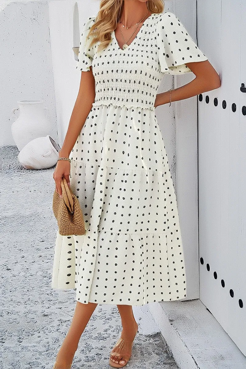 Dotted Vneck Smocked Tiered Midi Dress sold by Roxie’s Picks product image thumbnail 3