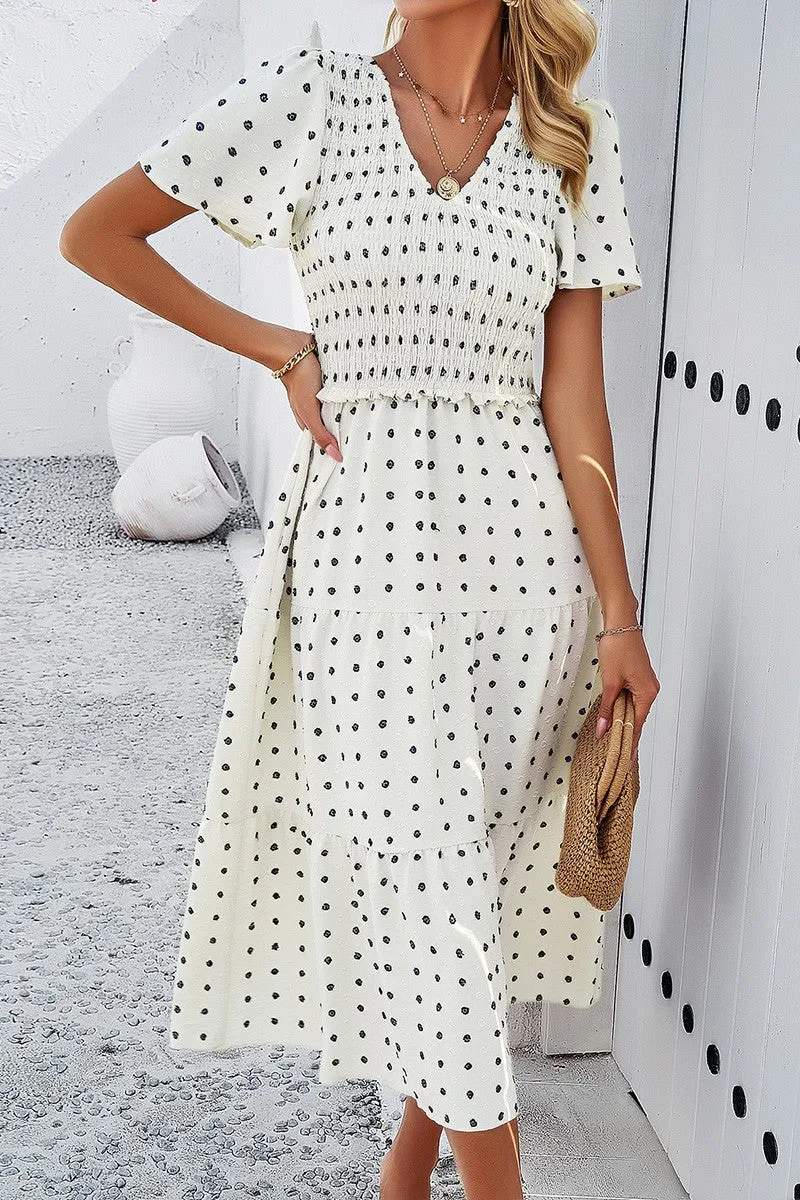 Dotted Vneck Smocked Tiered Midi Dress sold by Roxie’s Picks product image thumbnail 4