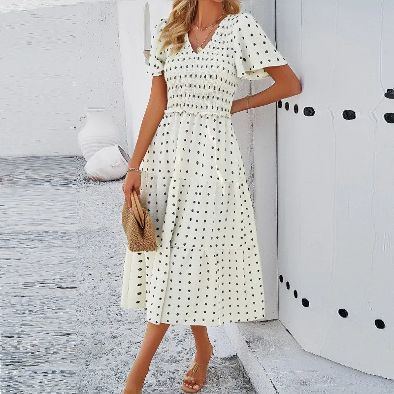 Dotted Vneck Smocked Tiered Midi Dress sold by Roxie’s Picks