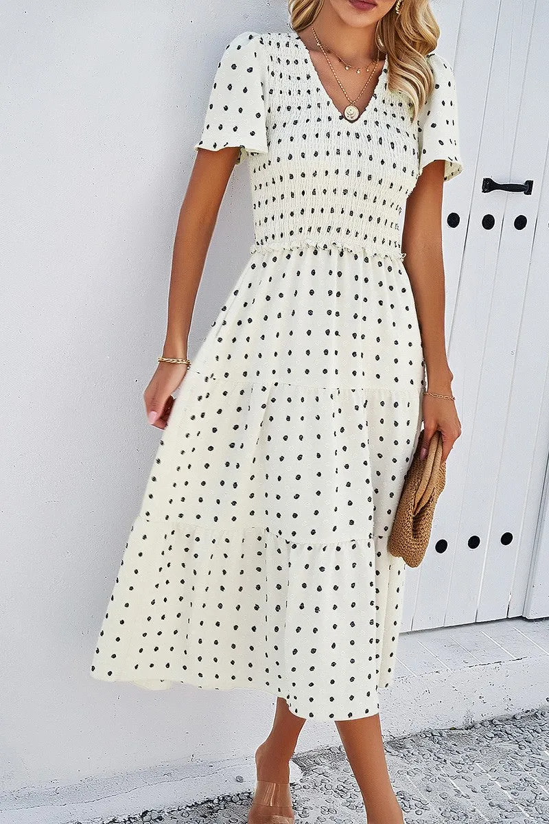 Dotted Vneck Smocked Tiered Midi Dress sold by Roxie’s Picks product image thumbnail 2