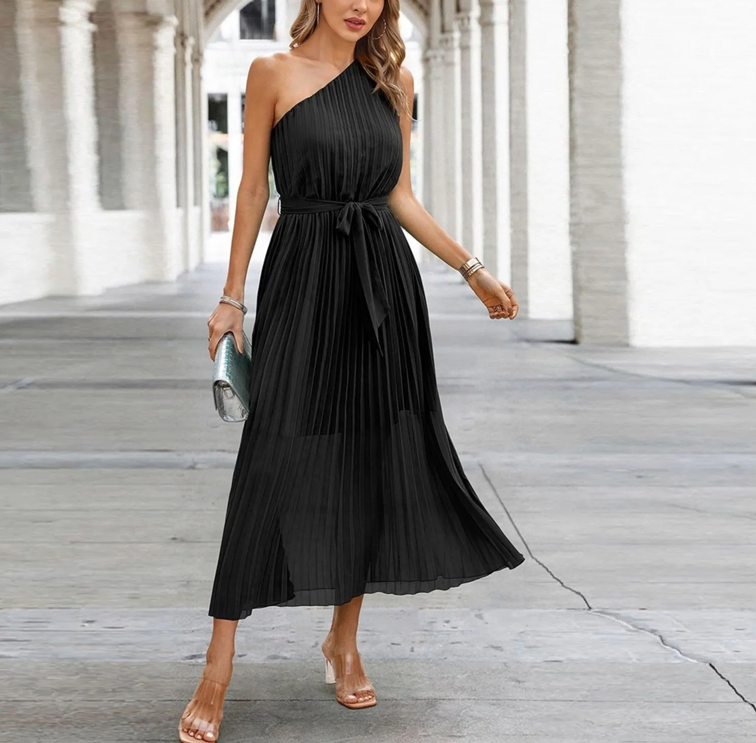 One Shoulder Pleated Maxi Dress sold by Roxie’s Picks
