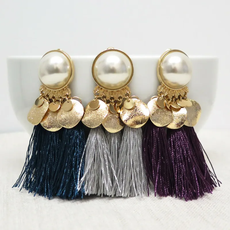 Pearl and Gold Disc Tassel Dangle Earrings sold by Roxie’s Picks