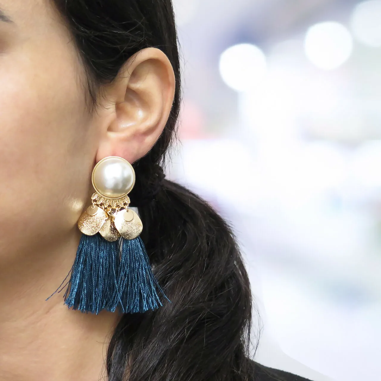 Pearl and Gold Disc Tassel Dangle Earrings sold by Roxie’s Picks product image thumbnail 2