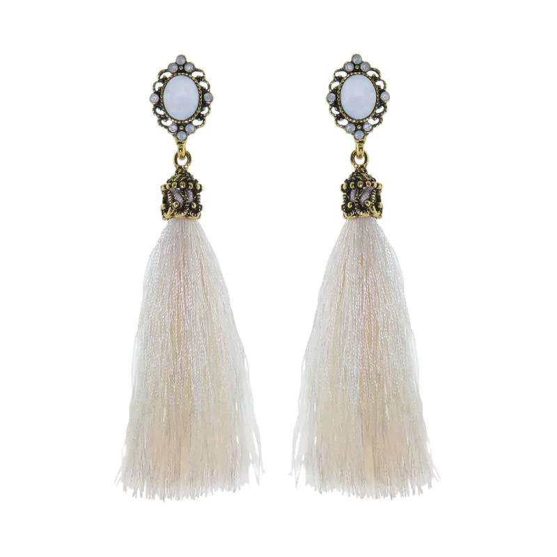 White Tassel and Stone Dangle Earrings sold by Roxie’s Picks