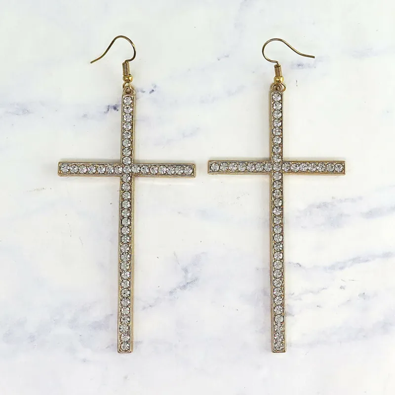 Gold Crystal Cross Dangle Earrings sold by Roxie’s Picks
