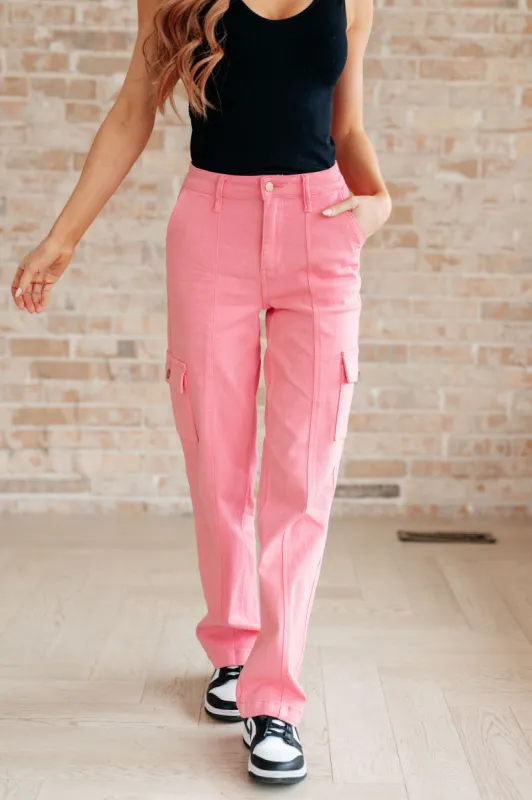 Peggy High Rise Cargo Straight Jeans in Pink sold by Roxie’s Picks