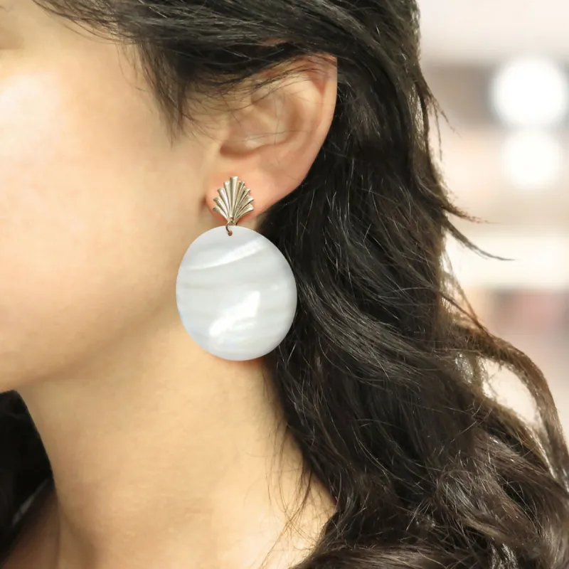Porcelain White Lucite Disc Gold Seashell Dangle Earrings sold by Roxie’s Picks