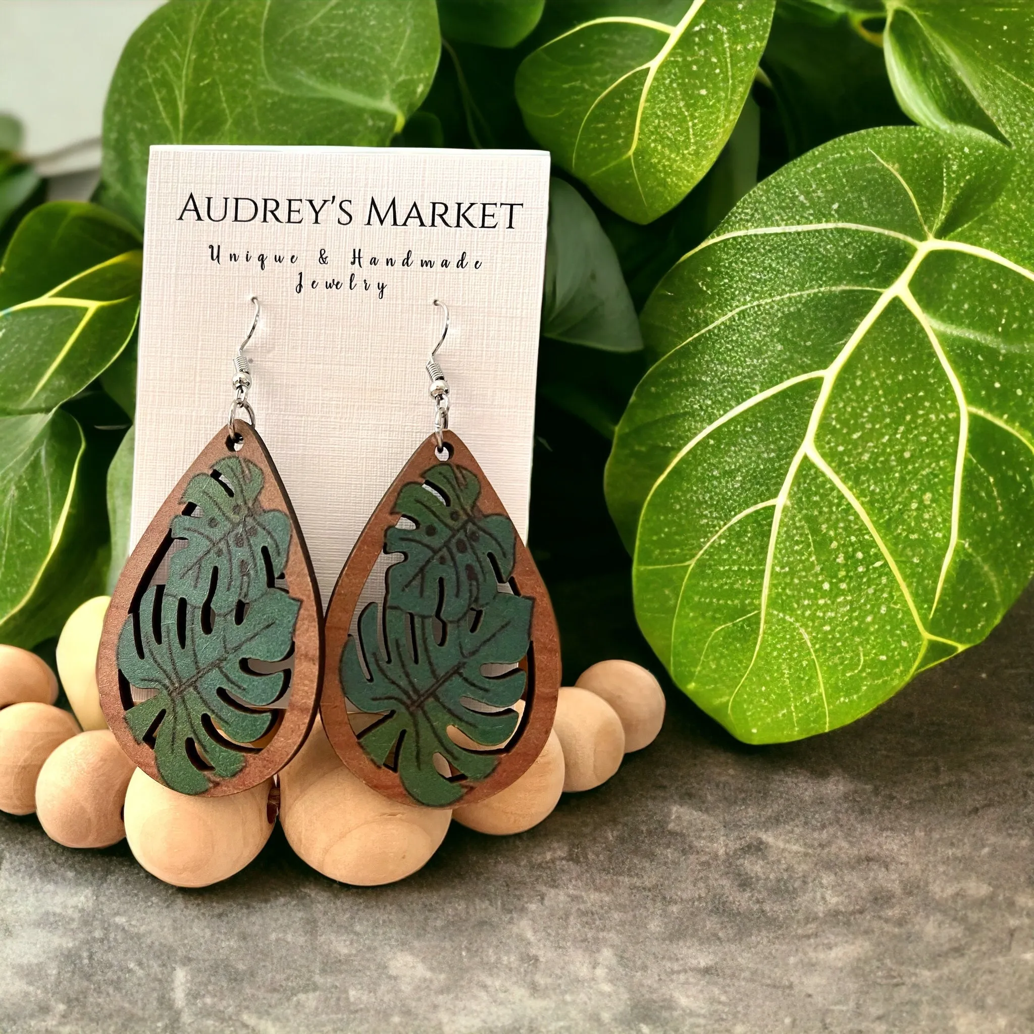 Wooden Green + Brown Monstera Plant Earrings sold by Roxie’s Picks product image thumbnail 4