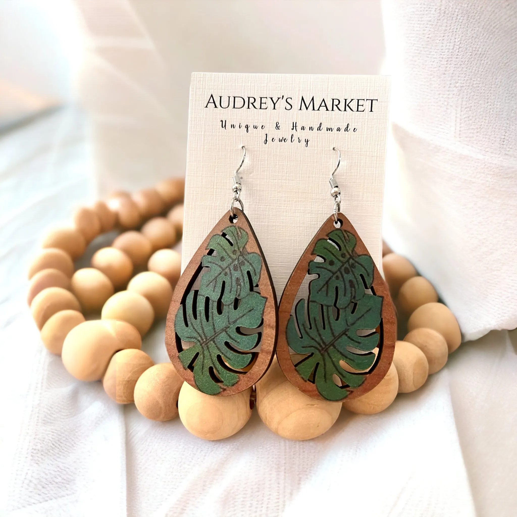 Wooden Green + Brown Monstera Plant Earrings sold by Roxie’s Picks