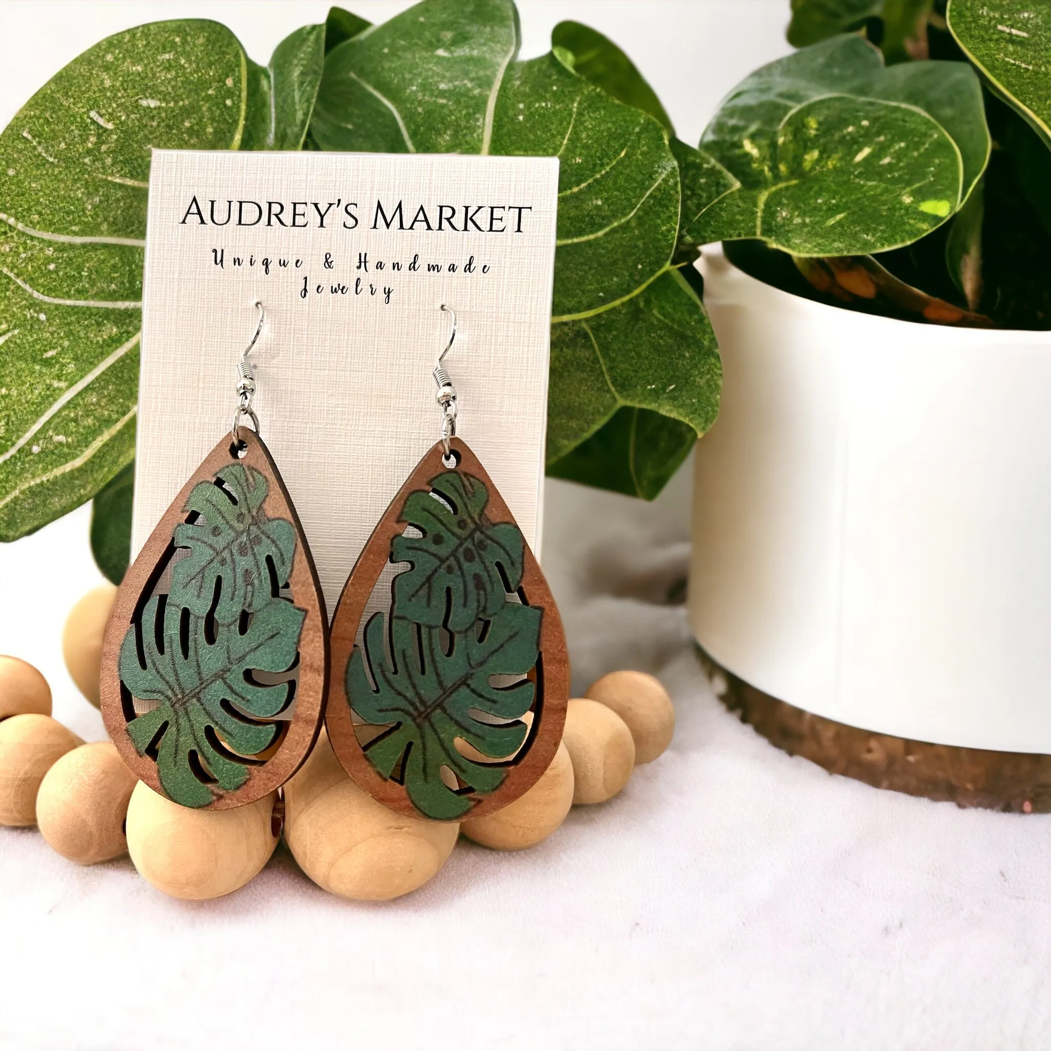 Wooden Green + Brown Monstera Plant Earrings sold by Roxie’s Picks product image thumbnail 2