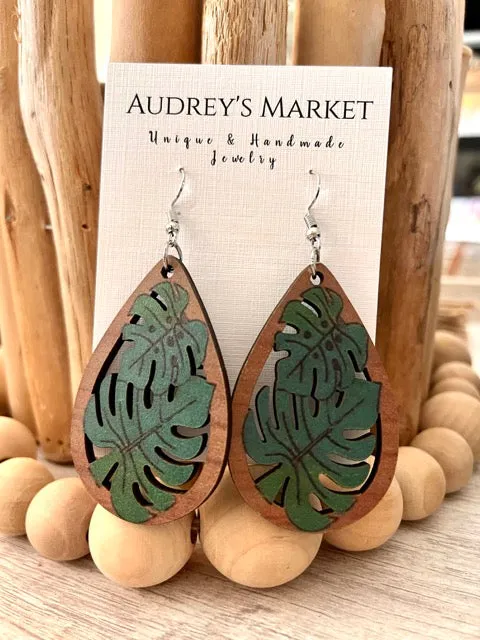 Wooden Green + Brown Monstera Plant Earrings sold by Roxie’s Picks product image thumbnail 5