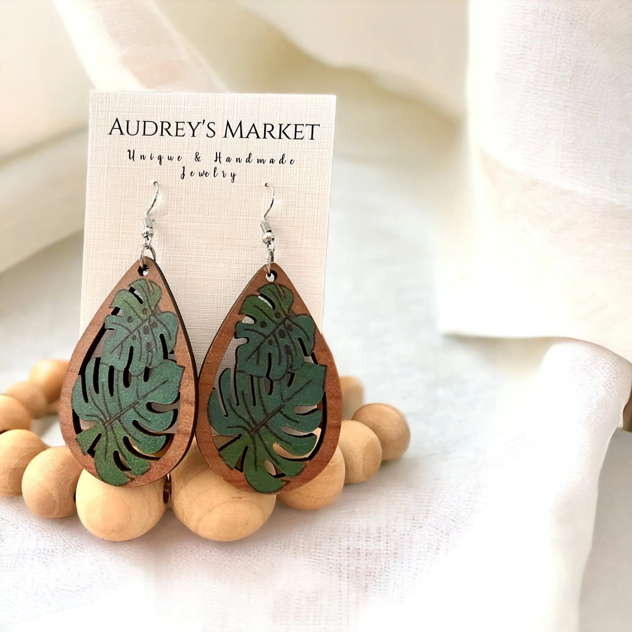 Wooden Green + Brown Monstera Plant Earrings sold by Roxie’s Picks product image thumbnail 3
