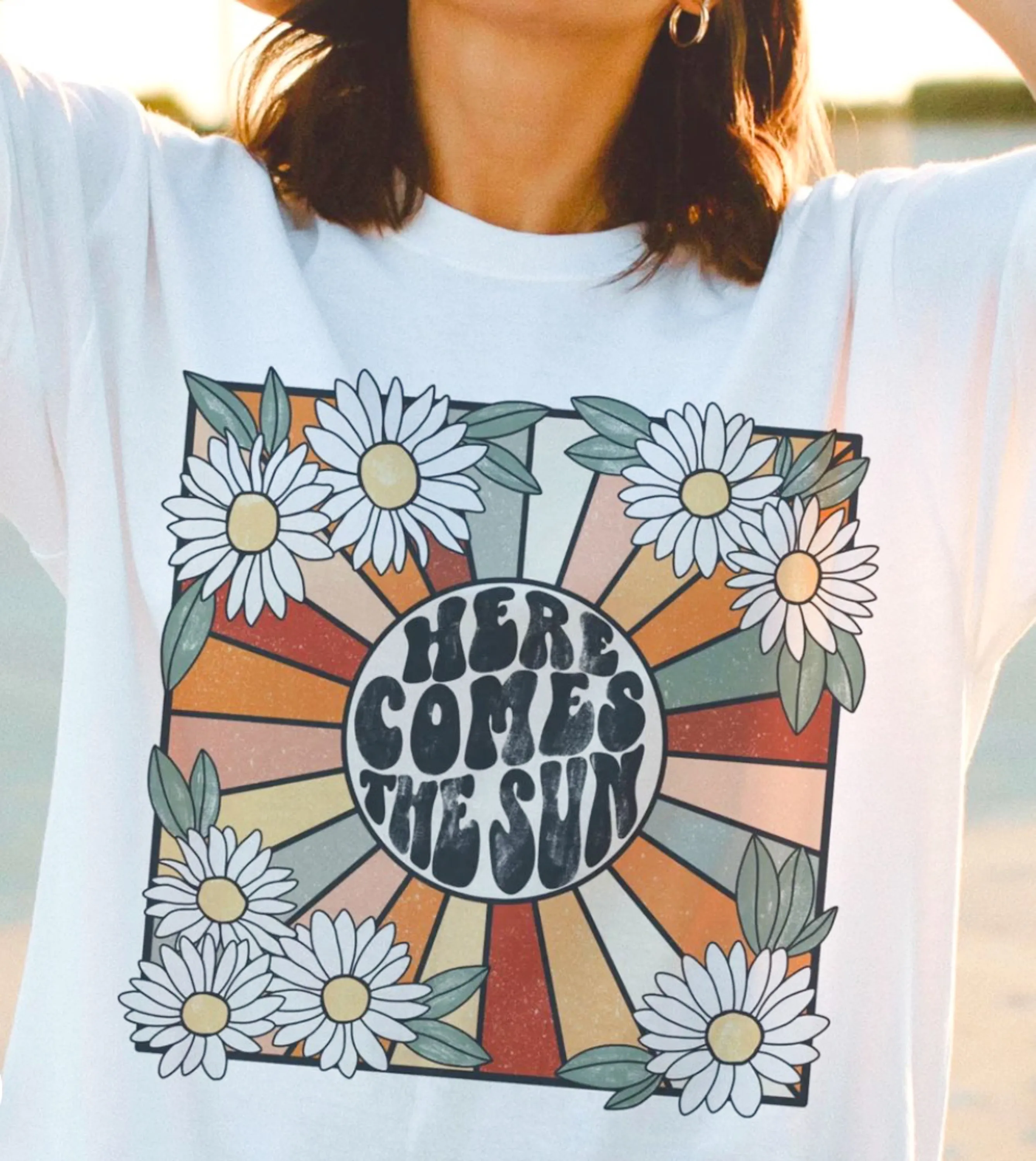 Here Comes The Sun Flower Distressed T-Shirt or Crew Sweatshirt sold by Roxie’s Picks