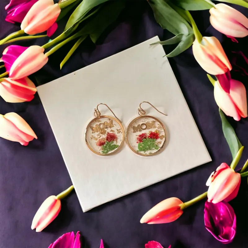 Pressed Flower Resin MOM Gold Earrings - Valentines Gift for Mother sold by Roxie’s Picks