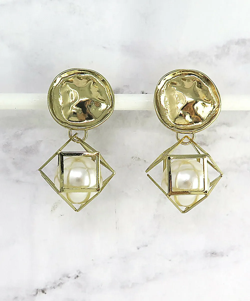 Gold Caged Pearl Statement Drop Earrings sold by Roxie’s Picks