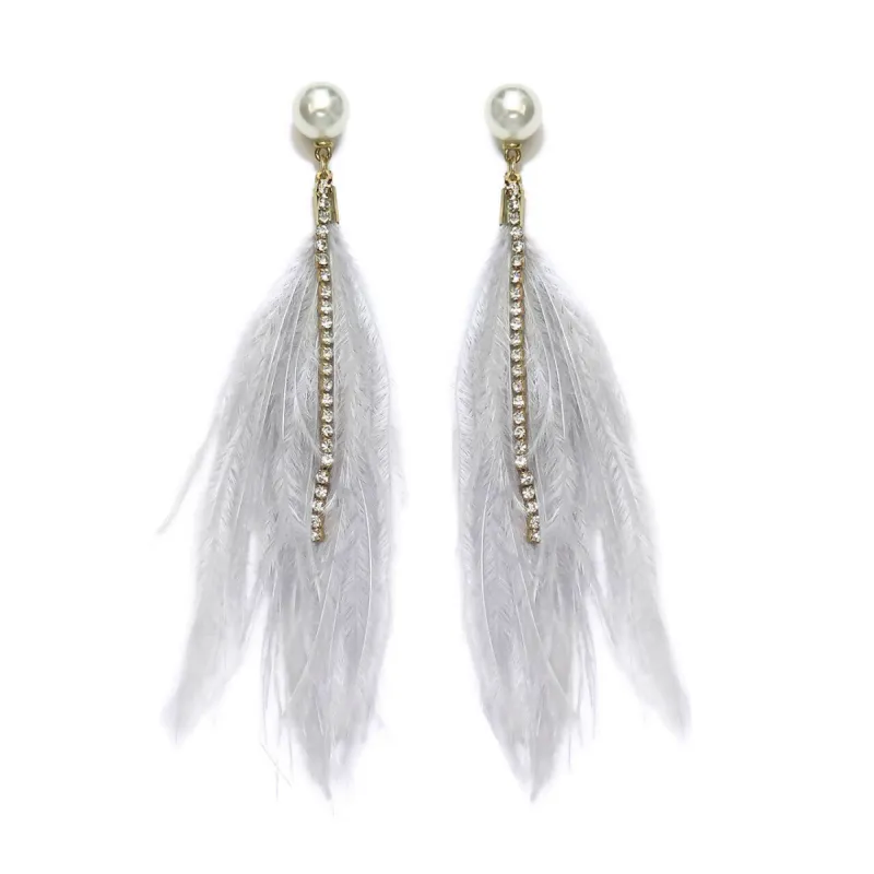 Pearl And Crystal Grey Feather Dangle Earrings sold by Roxie’s Picks