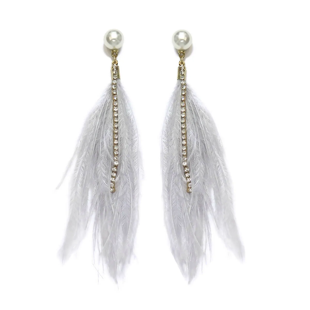 Pearl And Crystal Grey Feather Dangle Earrings sold by Roxie’s Picks