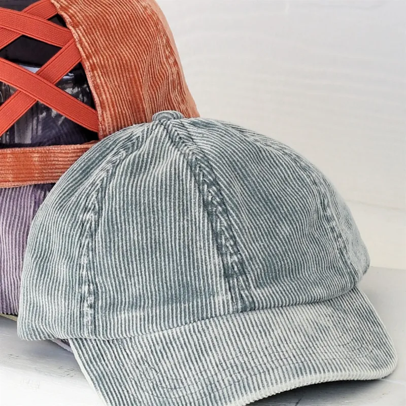 CC Stone-Washed Corduroy Criss-Cross Pony Cap sold by Roxie’s Picks