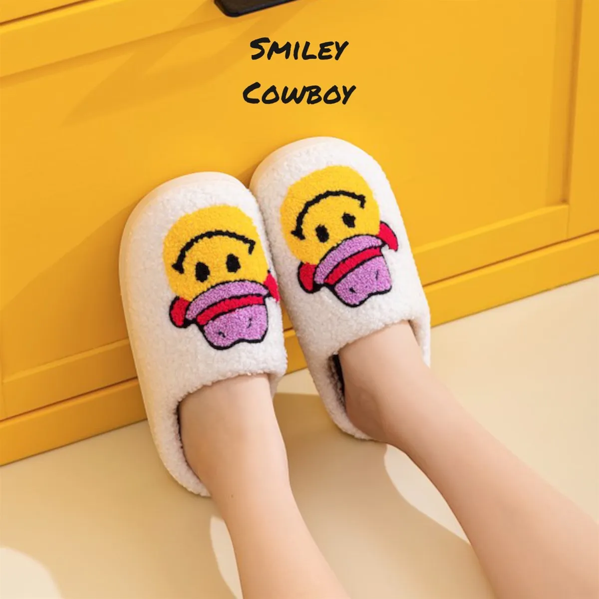 Smiley Cowboy Sherpa Fuzzy Slippers sold by Roxie’s Picks product image thumbnail 3